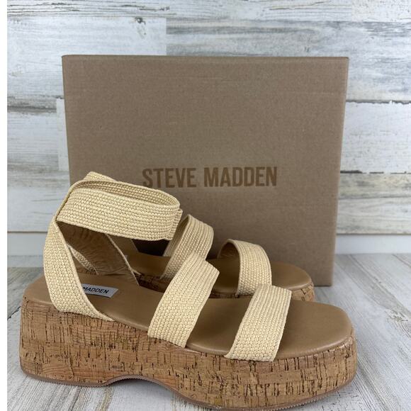 Steve Madden Women’s 9 Sashes Raffia Wedge Sandals Tan Platform Square Open Toe - Picture 2 of 8